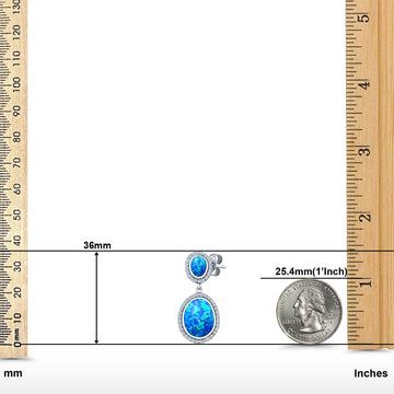 Stud Earring Lab Created Blue Opal Halo 925 Sterling Silver (36mm)